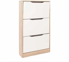 Schuhregal Schuhschrank mit 3 Fallen Farbe Weiß und Eiche 130H x 55B x 28T cm