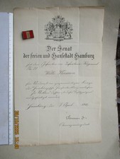 SCHÖNE URKUNDE +INTERIMSSPANGE HANSEATENKREUZ HAMMBURG 1WK