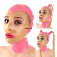 Rosa Latex Haube Transparent Gesicht Gummi Maske Rücken Reißverschluss Club Wear