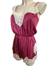 UK Nylon Vintage Retro Body Teddy Satin & Spitze Gr. S Wine Rot Glänzend - 1