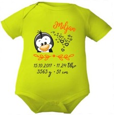 Kurzarm Baby Body personalisiert mit Motiv Pinguin und Geburtsdaten