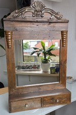 Spiegel 34x34 cm auf lackierten, dunklen Holzrahmen mit 2  Schubladen & Ablage