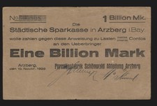 Arzberg  1 Billion Mark Porzellanfabrik  Schönwald  in Bayern  Notgeld  ( 101 H