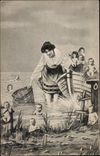 Ak Frau und Kinder im Ruderboot, Fotomontage, Korb, Teich, Ufer - 3823849