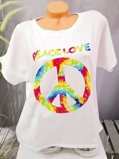 Italy Damen Shirt Oversize kurzarm T-Shirt PEACE LOVE  Weiß Cotton 38,40 NEU