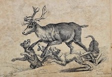 Biedermeier Gouache Jagd Stilleben A. Schleich 1824  Hirsch und Hunde Meute (53)