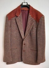 VINTAGE Sakko Jacke Herren 50 Rot Grün Wolle Leder Viskose Patches 2 Knöpfe