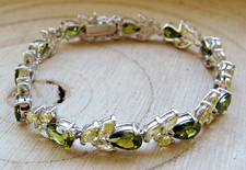 Jugendstil 925 Silber Armband 48 x Peridot, florales Design, 19 cm Länge
