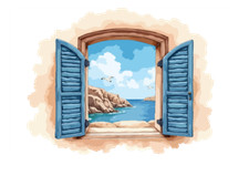 Mediterraner Fensterausblick mit Möwen Wandtattoo/Autoaufkleber Wetterfest