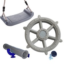 großes Spielturm Set mit XXL Schiffslenkrad Schaukelsitz Teleskop Fernrohr grau