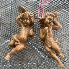 667/ 2X KERZENHALTER WANDHALTER PUTTE ENGEL JUNGE GESCHNITZT HOLZ