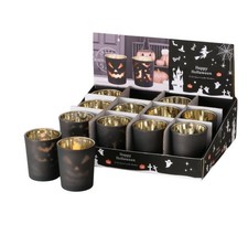 6 STK Windlichter Halloween Glas Kerzenhalter 560 matt schwarz Fledermaus Kürbis