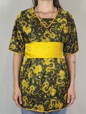 Vintage Kimono-Style Top – Black with Yellow Dragon Print + Obi Belt (Size M/L)