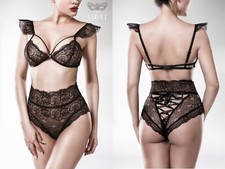 GREY VELVET BRA SET BH PANTY slip spitze gothic netz schwarz  clubwear bralette