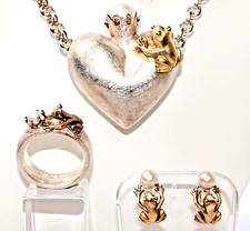 Drachenfels Set Froschkönig Silber 925 Ring großes Herz Kette + Ohrringe 90,7g