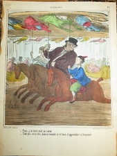 HONORE DAUMIER Litho FARBE KARIKATUR REITEN PFERD VATER SOHN SPIEL 1866 D3497