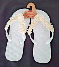 Hawaiiana FlipFlop weiß, Gr.39, Perlenbestickt, Unikat