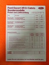 Ford Escort Cabriolet XR3i XR 3i  Cabrio Ghia PREISE   Prospekt  Brochure  1989