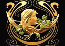 Art Nouveau Krementz USA Nymphe & Brillanten Emaille Gold 14K Jugendstilbrosche