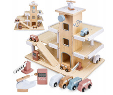 Holzparkhaus 3 Etagen mit Aufzug, Autos & Hubschrauber – Spielgarage ab 3 Jahre