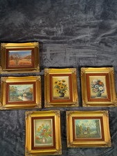 6x Gerahmte Bilder - Blumen & Landschaft - Echt Oel Holzrahmen Vintage