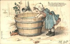 Puppe Doll Poupee Kinderspielzeug Kind Mädchen Holzwanne Wäsche Litho