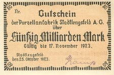Stadtlengsfeld Porzellanfabrik 50 Milliarden Mark 1923 fast Kfr. (Eckenfalte)