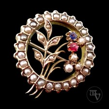 Antikschmuck - Jugendstil Brosche Florales Dekor kleine Perlen Doublé-Gold ~1900