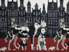 Baumwoll-Jersey Stenzo Hunde Häuser schwarz weiß grau rot 1,0 m x 150 cm 