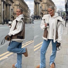 Zara Authentisch Kontrast Kunst Shearling Weste Jacke Größe XL Ref 2969 256