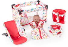 5-teiliges Puppenzubehör Set Puppenreisebett Bett Fahrradsitz Autositz Puppe NEU