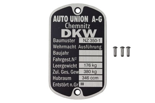 Typenschild für dkw 350 - nz, 350-1