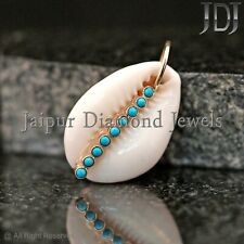 Solid 14K Gelbgold Kauri Muschel Natürlich Türkis Edelstein Handmade Anhänger