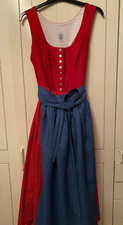 Trostmann Dirndl tomatenrot, inkl. blauer Schürze, Leinen/Baumwolle, Gr. 44