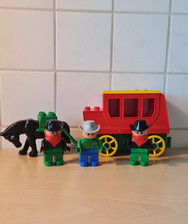 Lego Duplo Kutsche Postkutsche mit 1 Cowboy und 2 Räubern und Pferd mit Deichsel