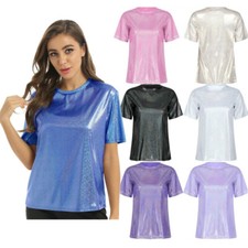 DE Damen Metallic Kurzarm T-Shirt Rundhal Glänzend Tanz Party Rave Top Oberteile