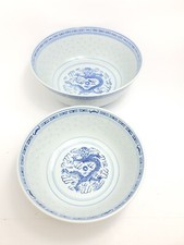 2 Schüsseln Vintage Chinesische Republik Periode blau & weiß Drache Reiskorn