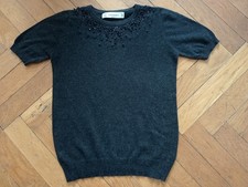 Zara Damen Pullover Shirt  Baumwolle  Kaschmir  Angora Mix Dunkel Grau Bestickt 