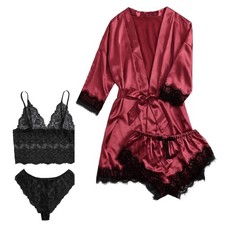 4 Stücke Frauen Satin Pyjama Set Floral Spitze Trim Leibchen Dessous Nachtwäsche