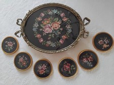 Jugendstil Messing Tablett Gobelinstickerei unter Glas mit Untersetzer