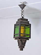 Antike Art Déco Lampe Deckenlampe Laterne schmiedeeisern Buntglas um 1920