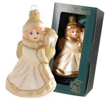 Christbaumschmuck Weihnachtskugel Glas Engel mit Laterne Beige/Gold K.Lauscha