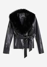 Neu Lederimitat-Jacke mit Fellimitat Gr. 42 Schwarz Damen Bikerjacke Mantel