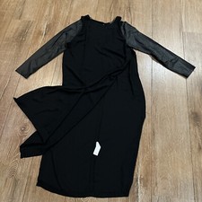 Chiffon Bluse Tunika mit Lederimitat Ärmeln Schwarz Mit Seiten Schlitzen Gr. M