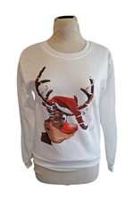Damen Weißer Pullover Sweatshirt Weihnachten Winter Gr. S 36 Rudolf Rentier Neu