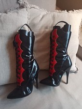 High Heels Stiefel ECHTES LACK LEDER 39 Schnürung Kiez schwarz rot 13 cm Absatz