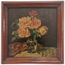 ? Antikes Gemälde Öl a. Platte Rosen Stillleben Blumen Malerei - 18,8 x 18,8 cm