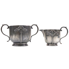 Arts Crafts Mappin Webb versilbert Milchkännchen Zuckerdose H8cm Jugendstil um 1910