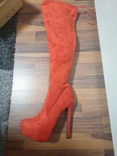 Damen Plateau Overknees Rot Stiefel High Heels Gr.40 Neu Mit Karton Wildleder
