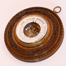 antiker alter Barometer Nussbaum Holz rund geschnitzt Facettenglas 22cm